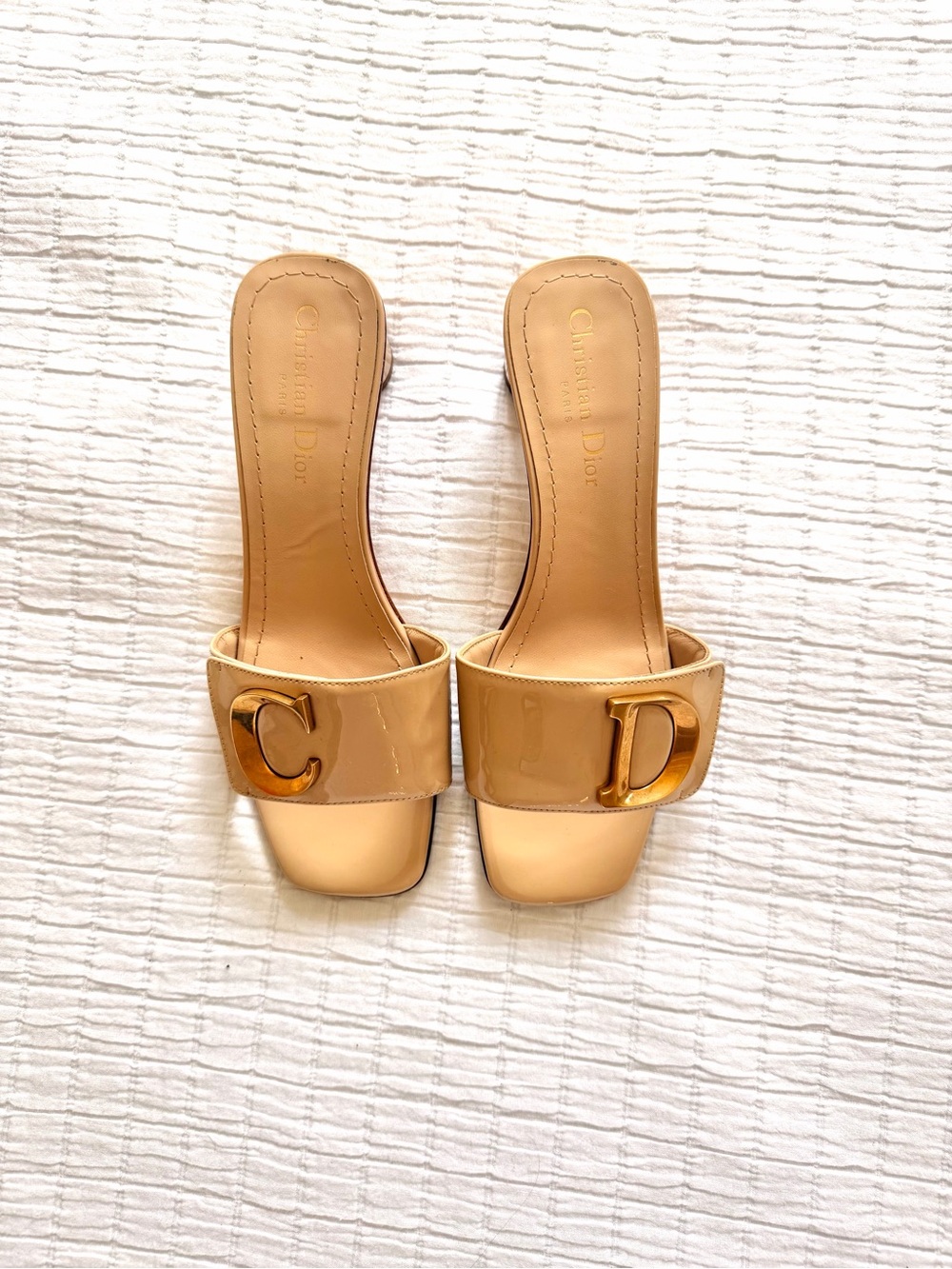 Dior Nude Patent Logo Slide Mules with Gold CD Hardware